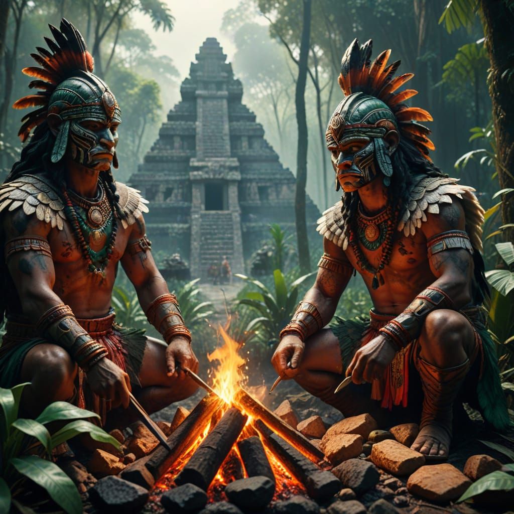 Mayan Warriors Prepare for Ritual in Jungle Camp