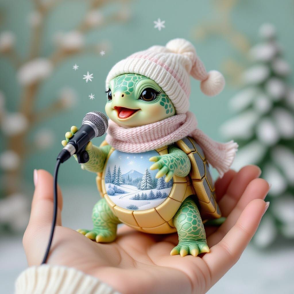 Pastel Miniature Turtle Singer in Winter Wonderland