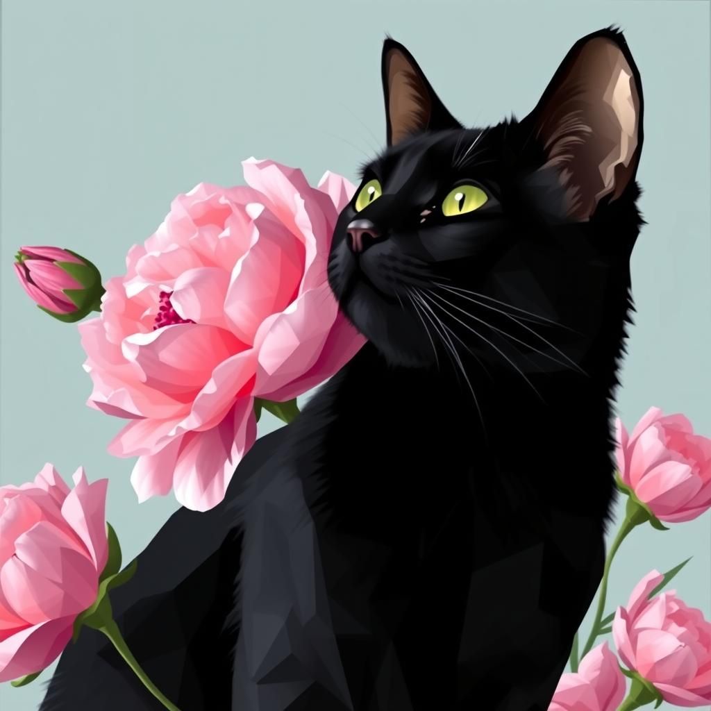Biometric Cat with Peonies in Post-Impressionist Style