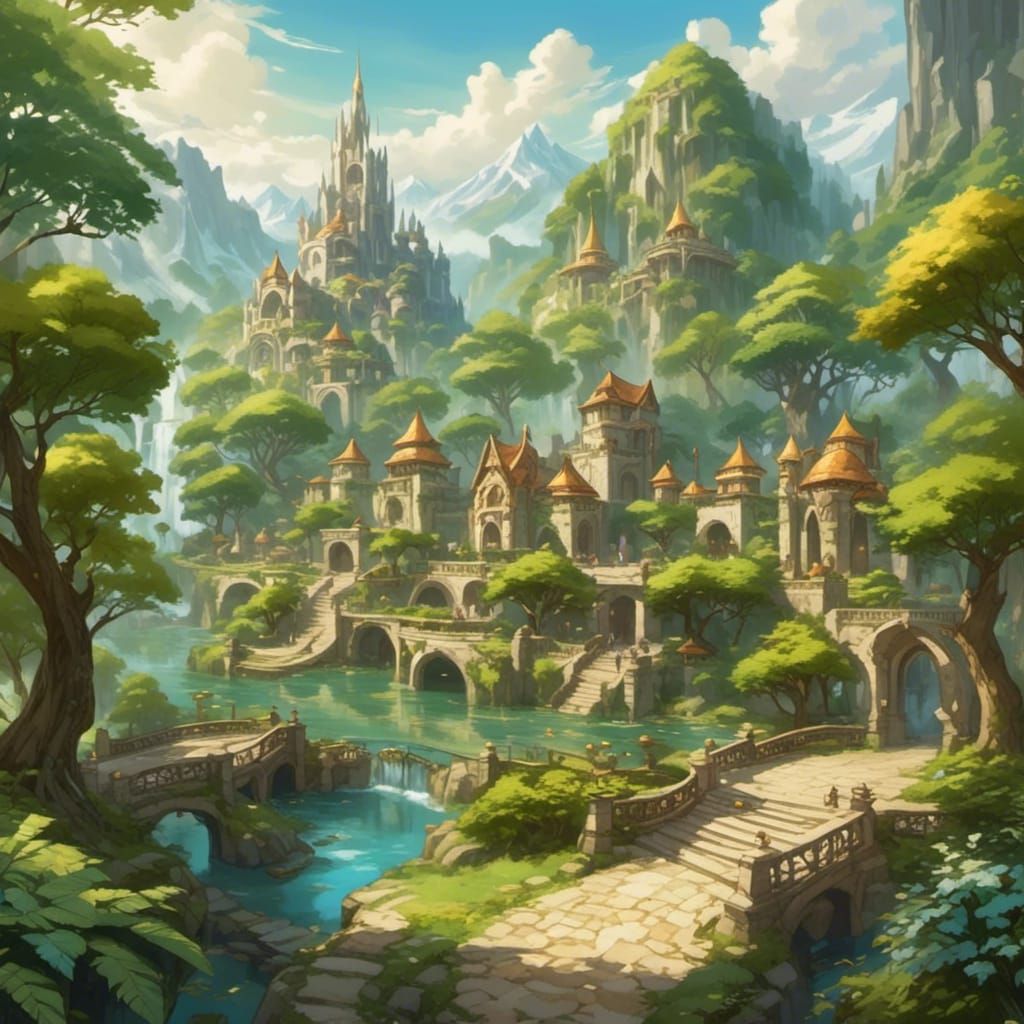 Majestic Elven City with Magical Plaza and Sylvan Fields