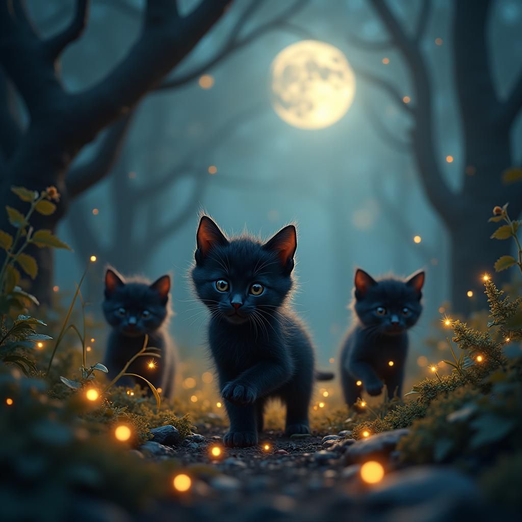 Kittens Playing with Fireflies in Mystical Forest