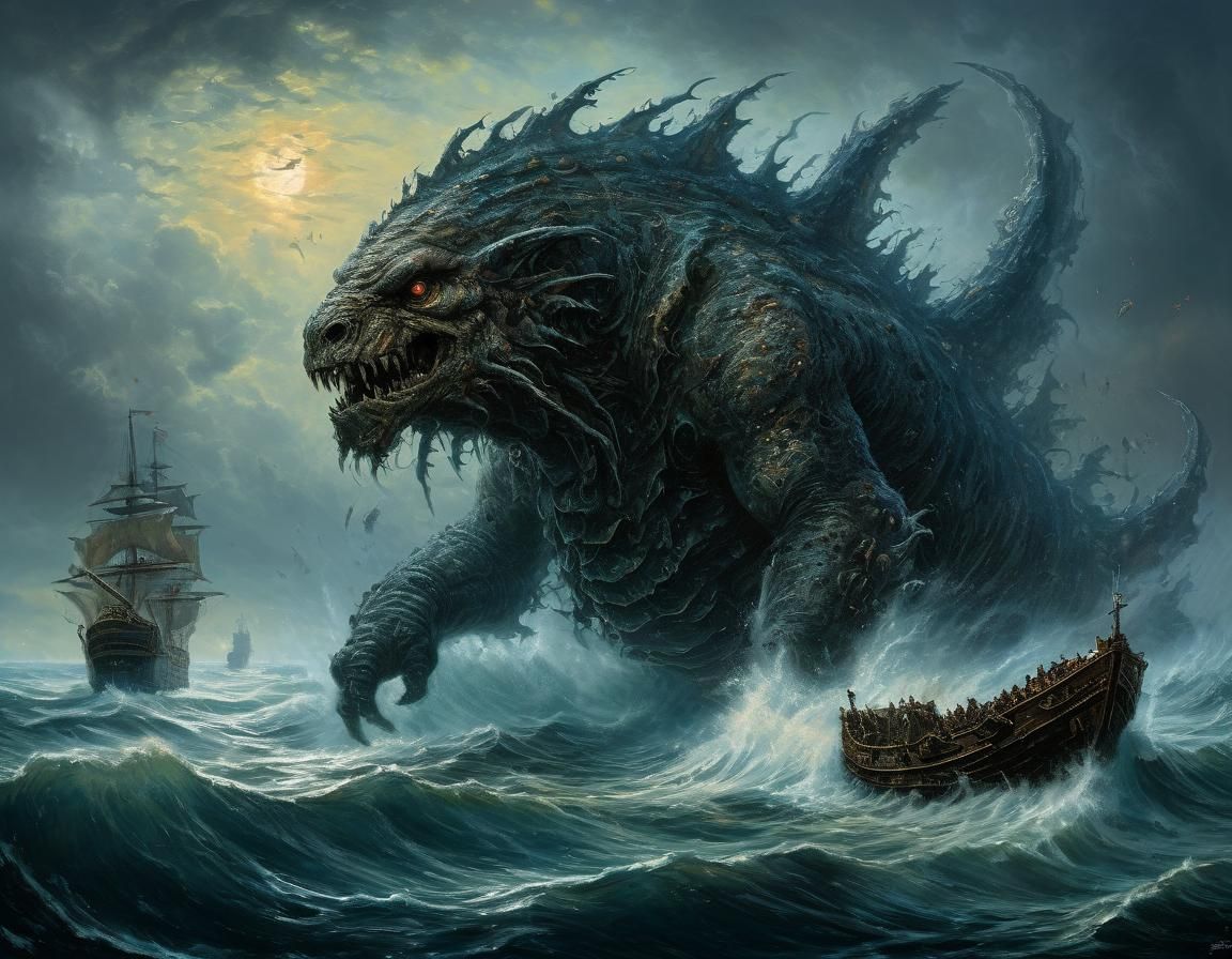 Monstrous Sea Creature Emerging from the Fog in Impressionis...