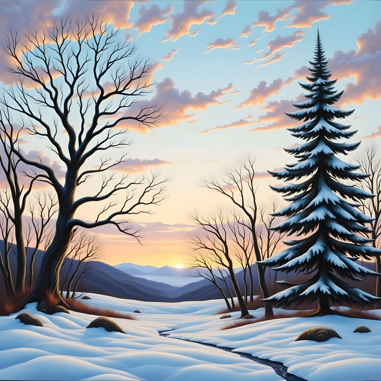 Psychedelic Winter Landscape in Charcoal and Pastel Hues