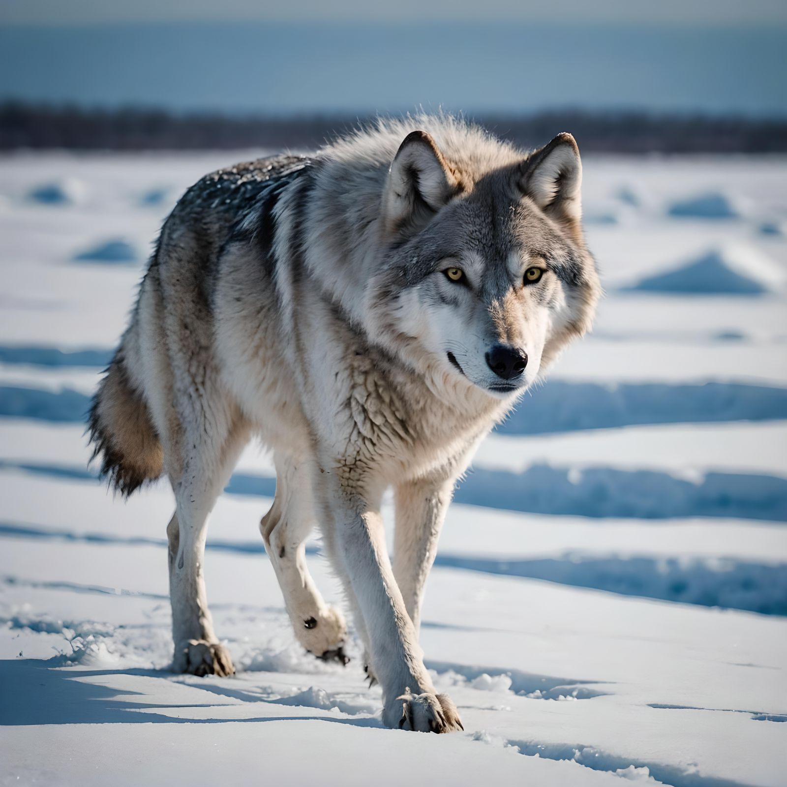 Snow Wolf Embarks Across Frozen Tundra Landscape