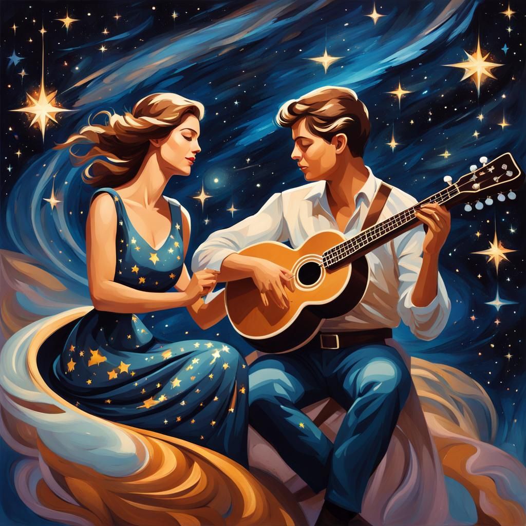 Banjo Players Floating in Space as Oil Painting