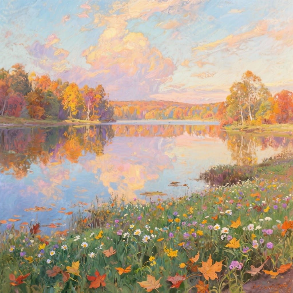 Autumn Lake Reflection with Wildflowers and Fallen Leaves