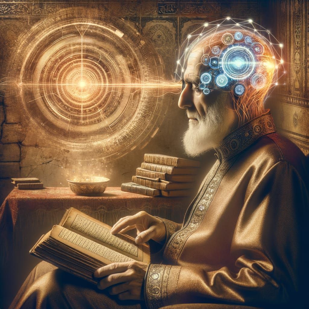 Elderly Man Reads Antique Book with Neural Implant