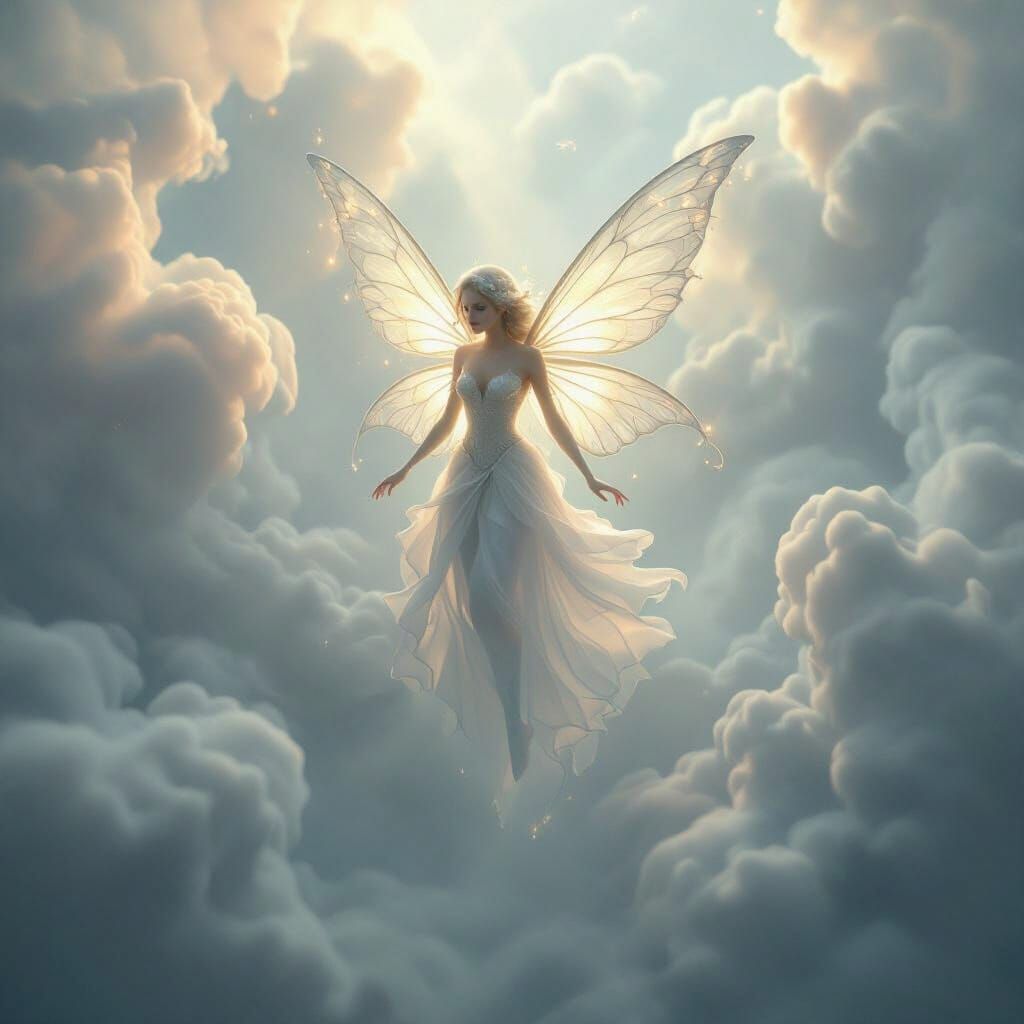 Ethereal Fairy Ascending from Mist in Radiant Light
