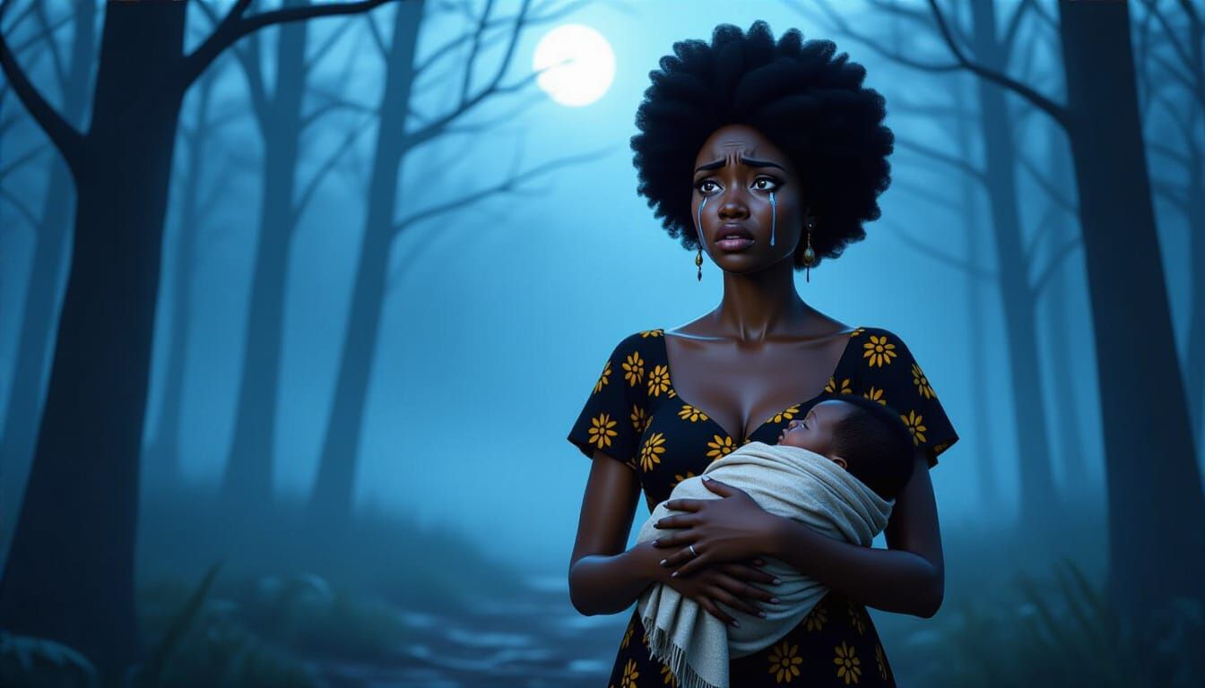 African Woman in Misty Forest, Animated Style Portrait