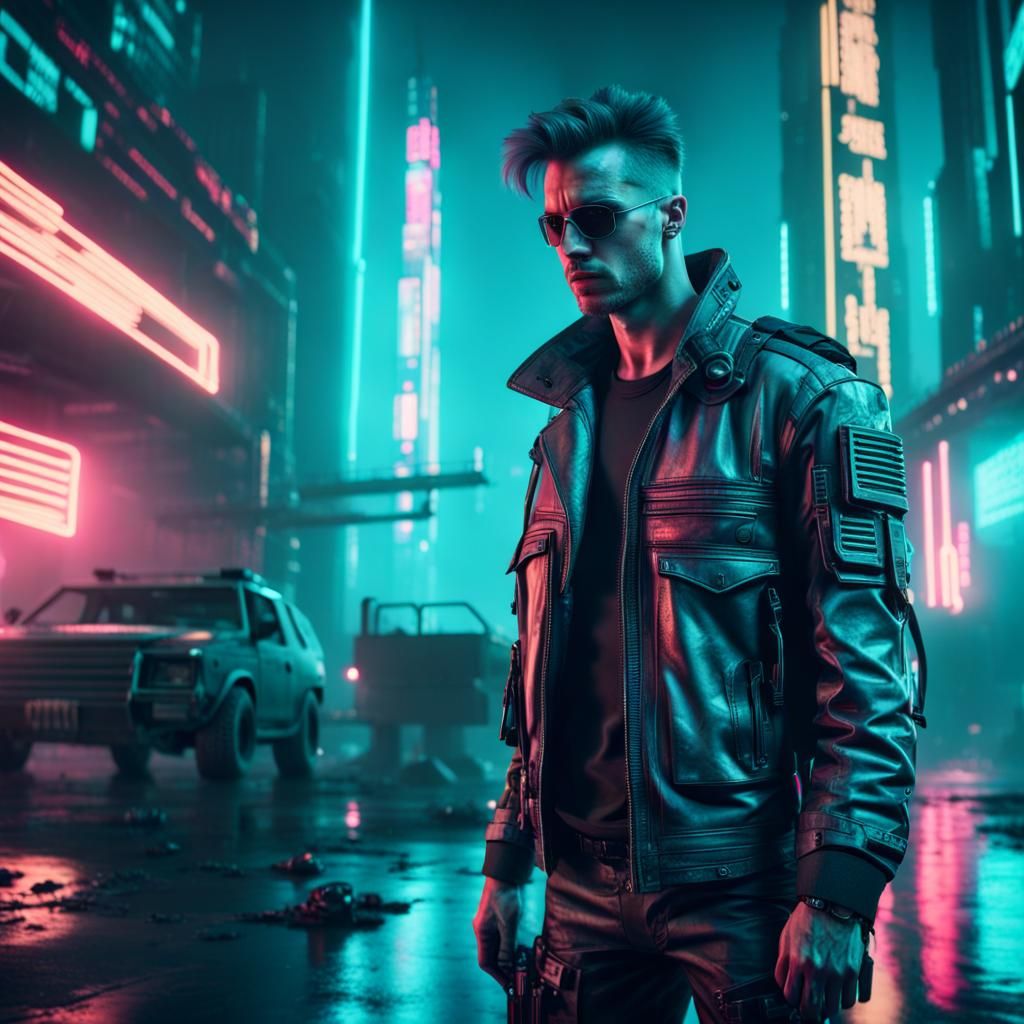 Cyberpunk Terminator in Neon Lit Battlefield
