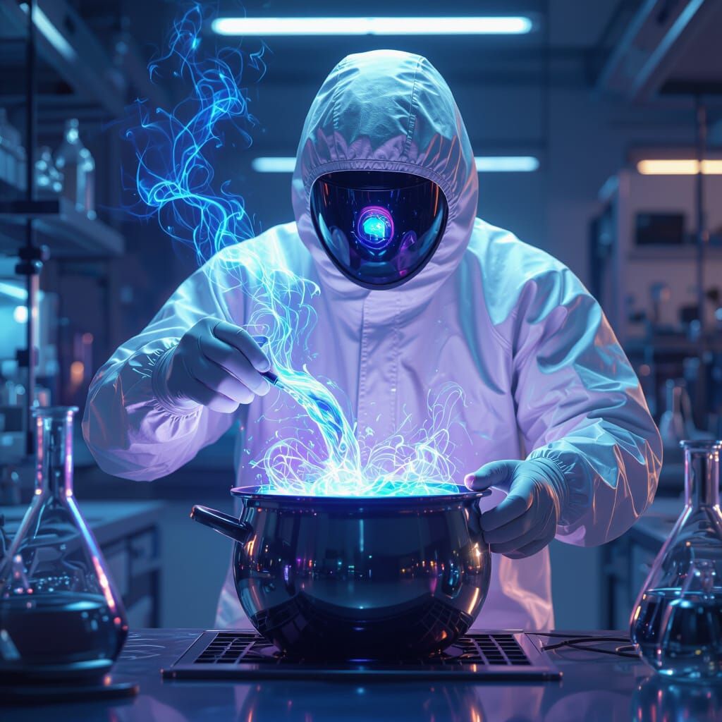 Wizard in Hazmat Suit with Glowing Potion in Sci-Fi Lab