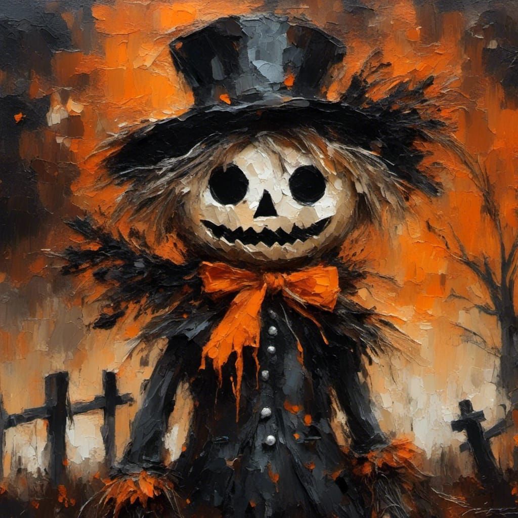 Whimsical Halloween Scarecrow in Oil Painting Style