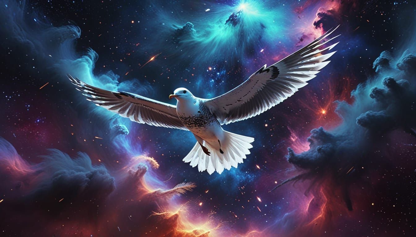 Seagull Soars Through Nebula in Cosmic Horror Sci-Fi Art