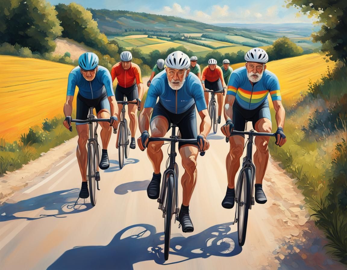 Old Men Cycling in French Landscape: Hyperrealistic Splash A...