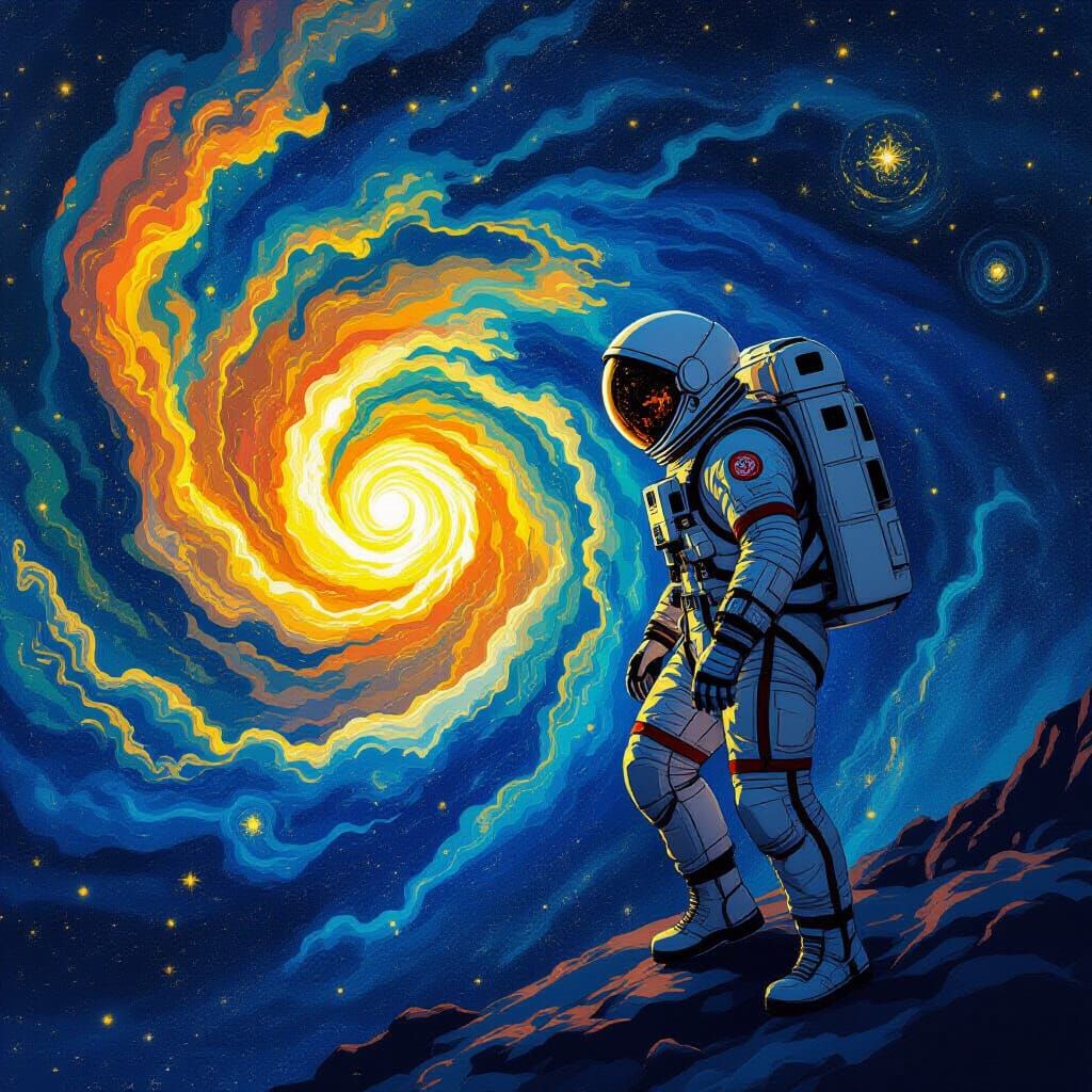 Astronaut Explores Van Gogh Nebula in Cinematic Style