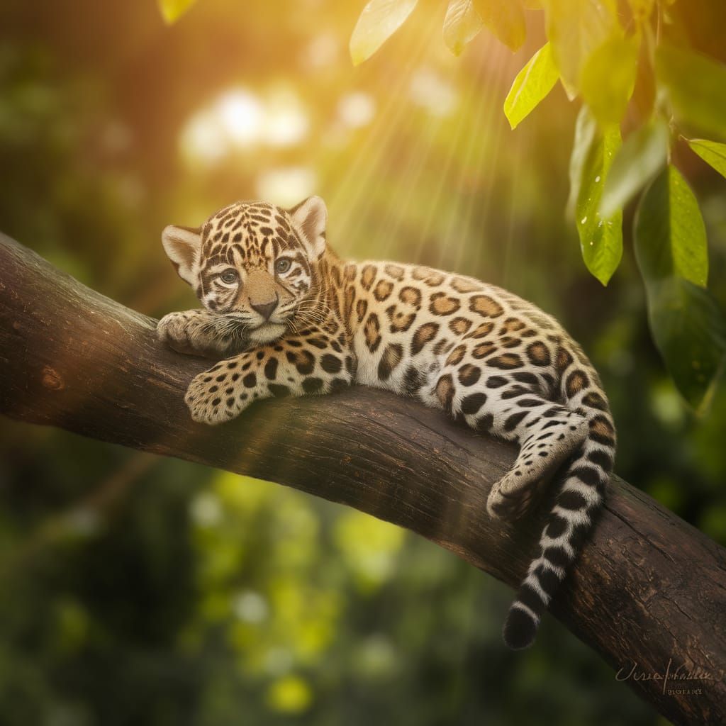 Tiny Spotted Jaguar Basks in Golden Jungle Glow
