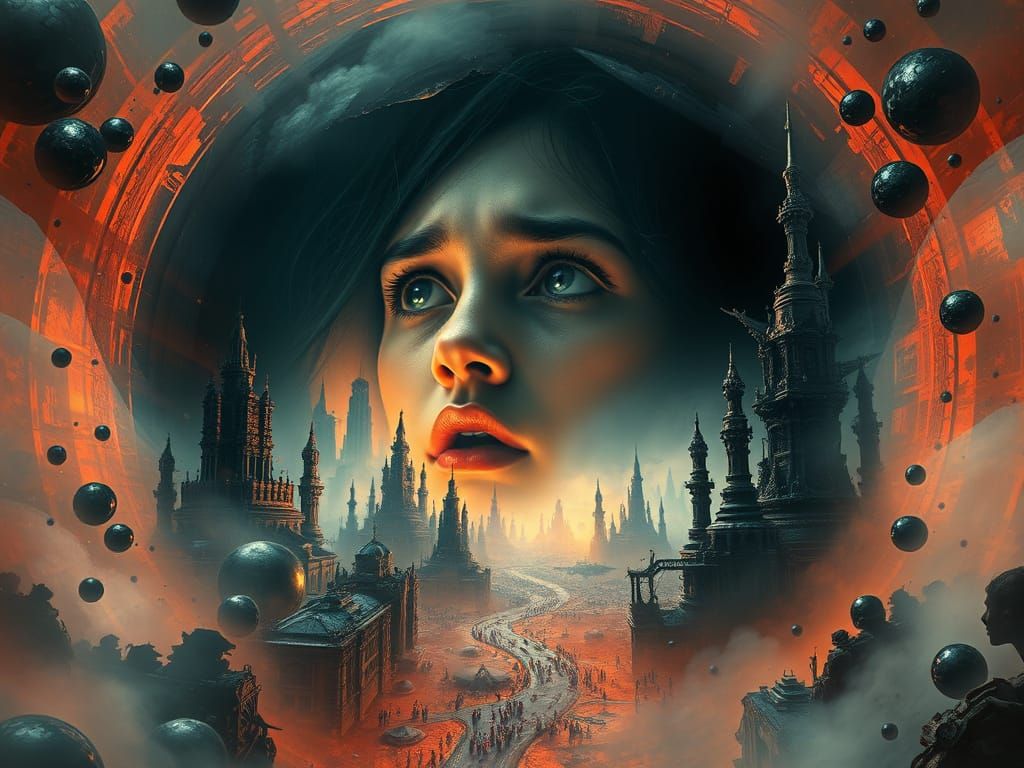 Terrified Face Reflected in War-Torn Dimension