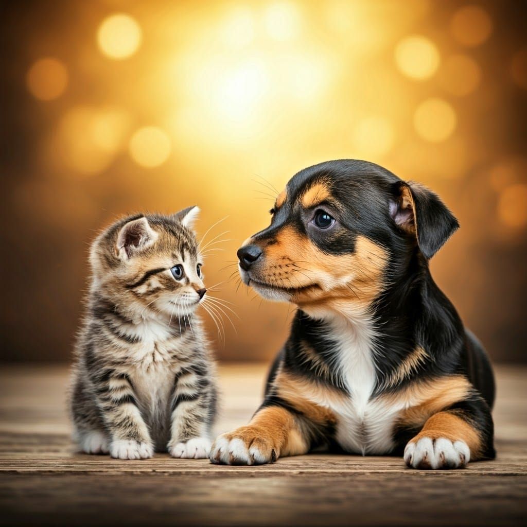 Playful Kitten and Dog Friendship in Warm Sunlight