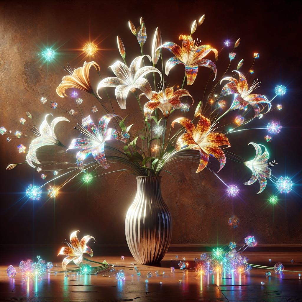 Luminous Holographic Tiger Lilies in Elegant Vase