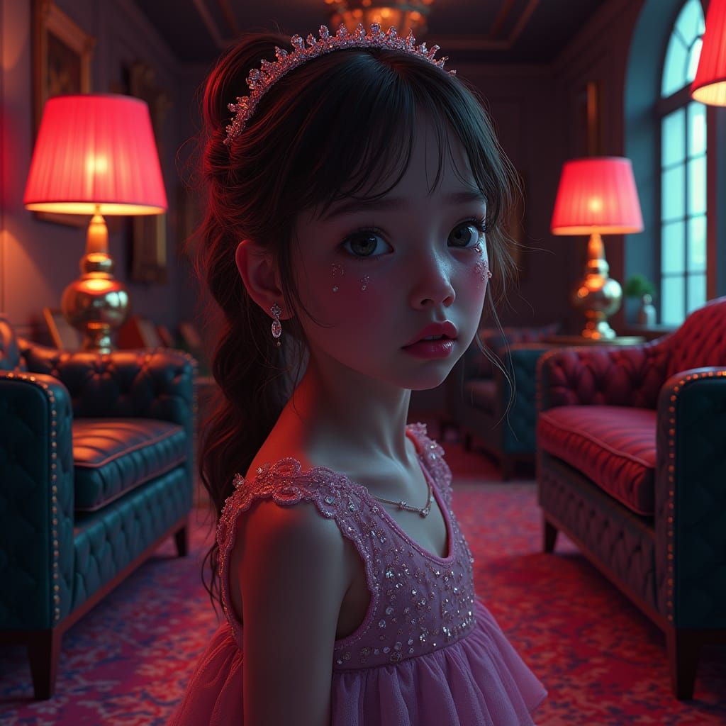 Girl Cries Diamond in Lavish Dark Room, Cyberpunk Art