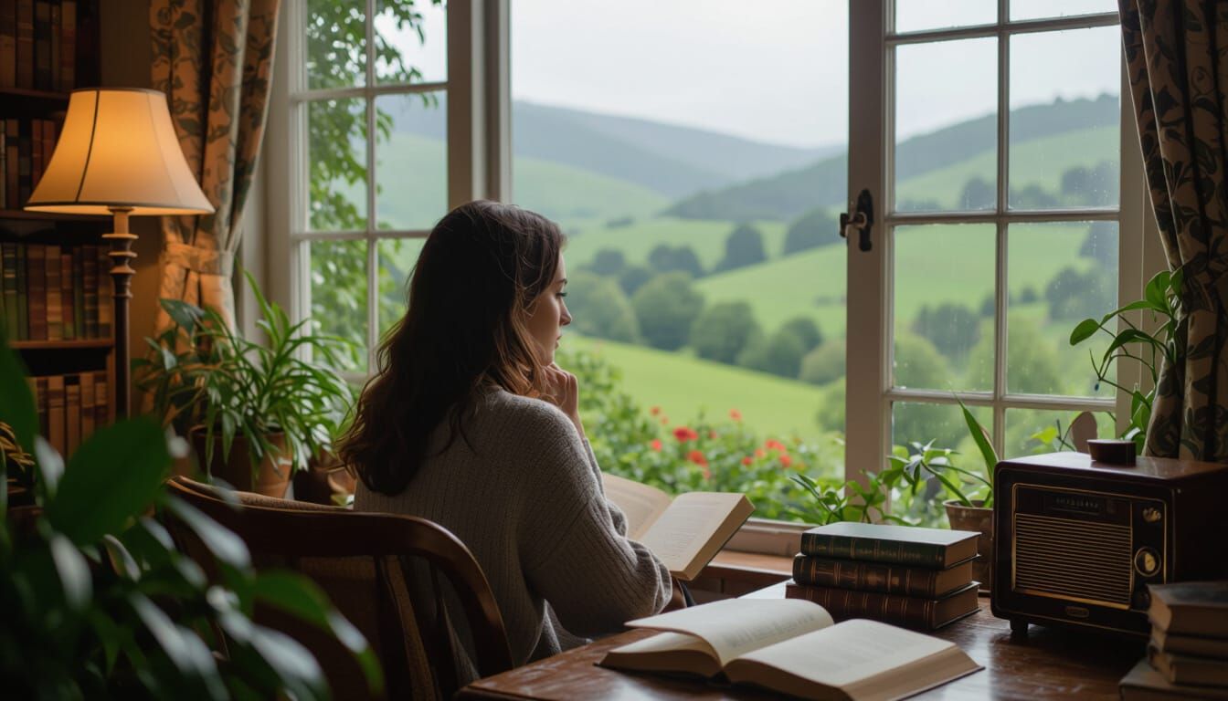 Serene Woman Gazing at Rainy Hills in Cozy Room