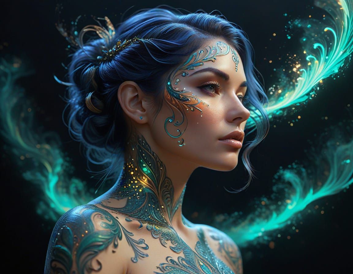 Ethereal Figure with Glowing Tattoo in Art Nouveau Fantasy R...