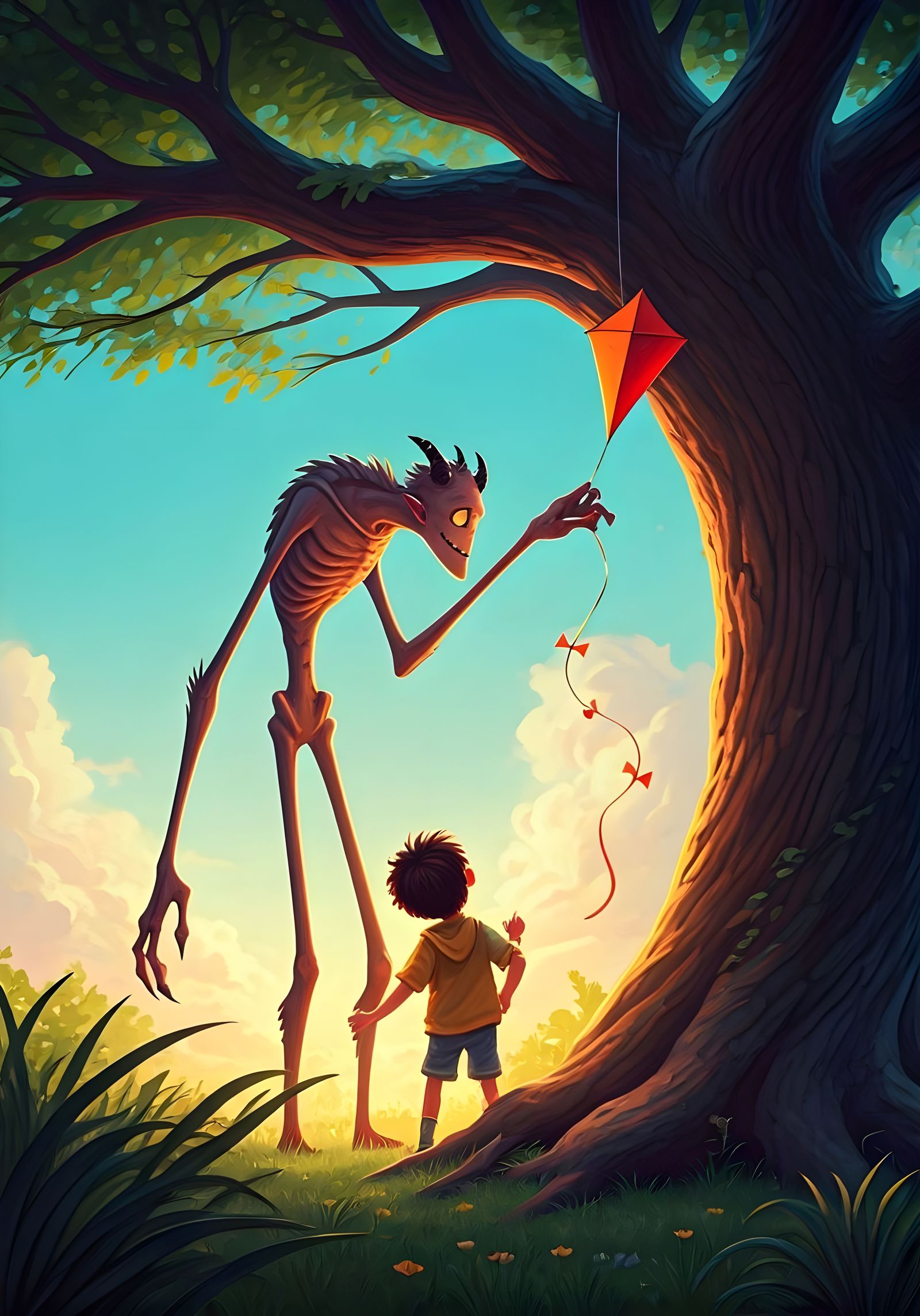 Friendly Demon Rescues Kite: Pixar Style Digital Art