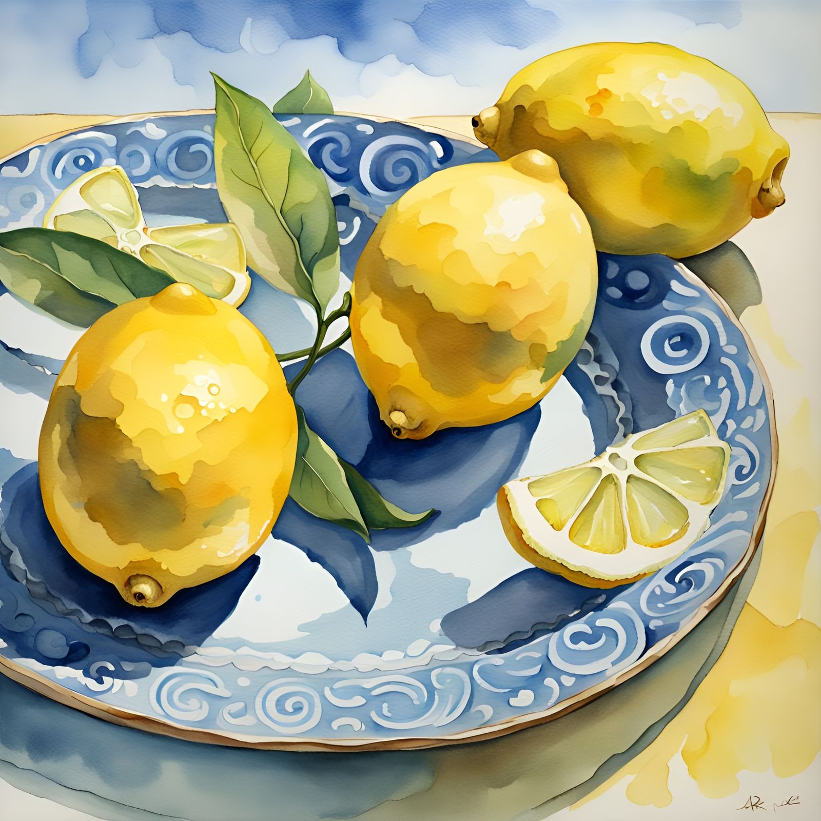 Lemons on Majolica Plate: Watercolor Gouache Painting