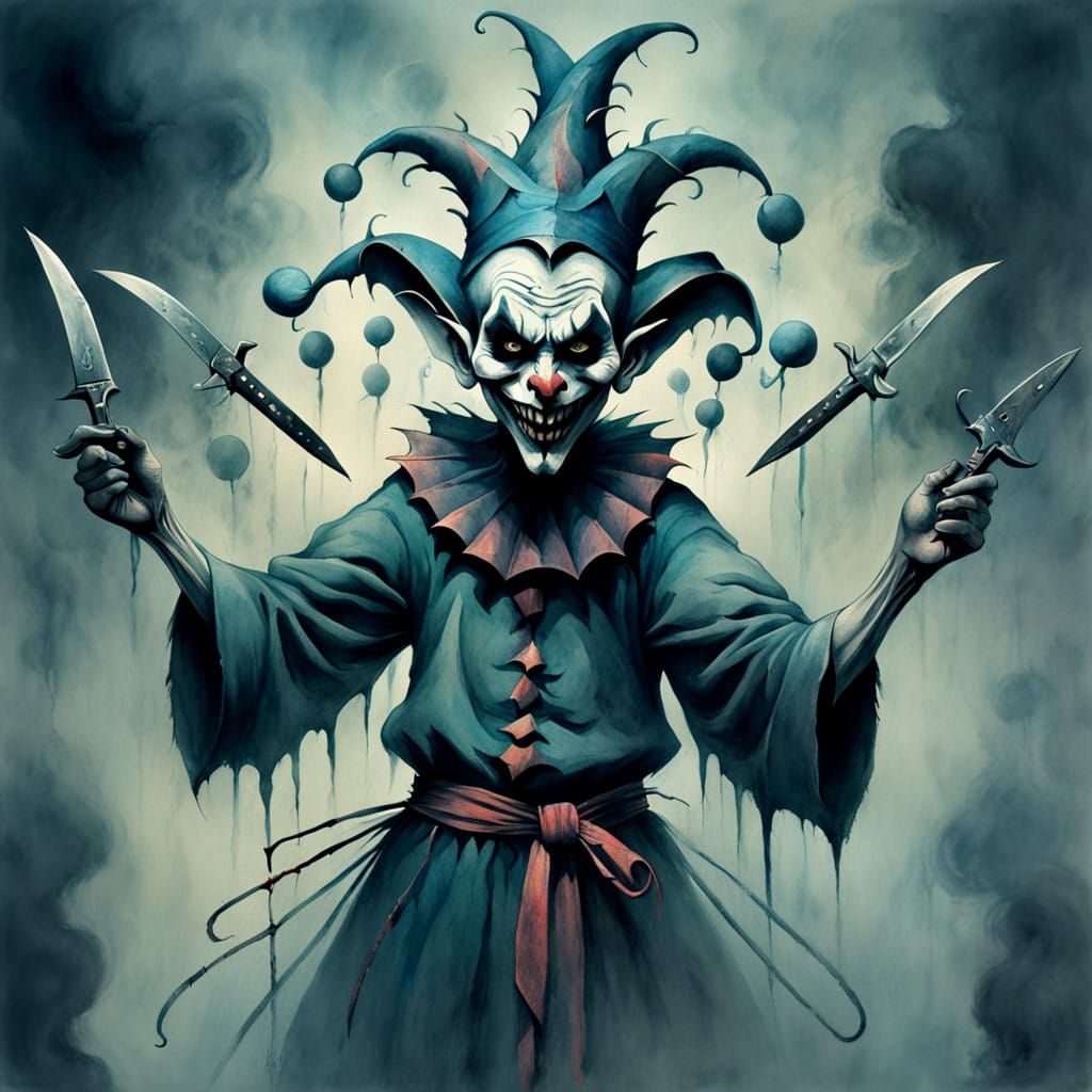 a Watercolour Line-art character illustration of a evil jest...