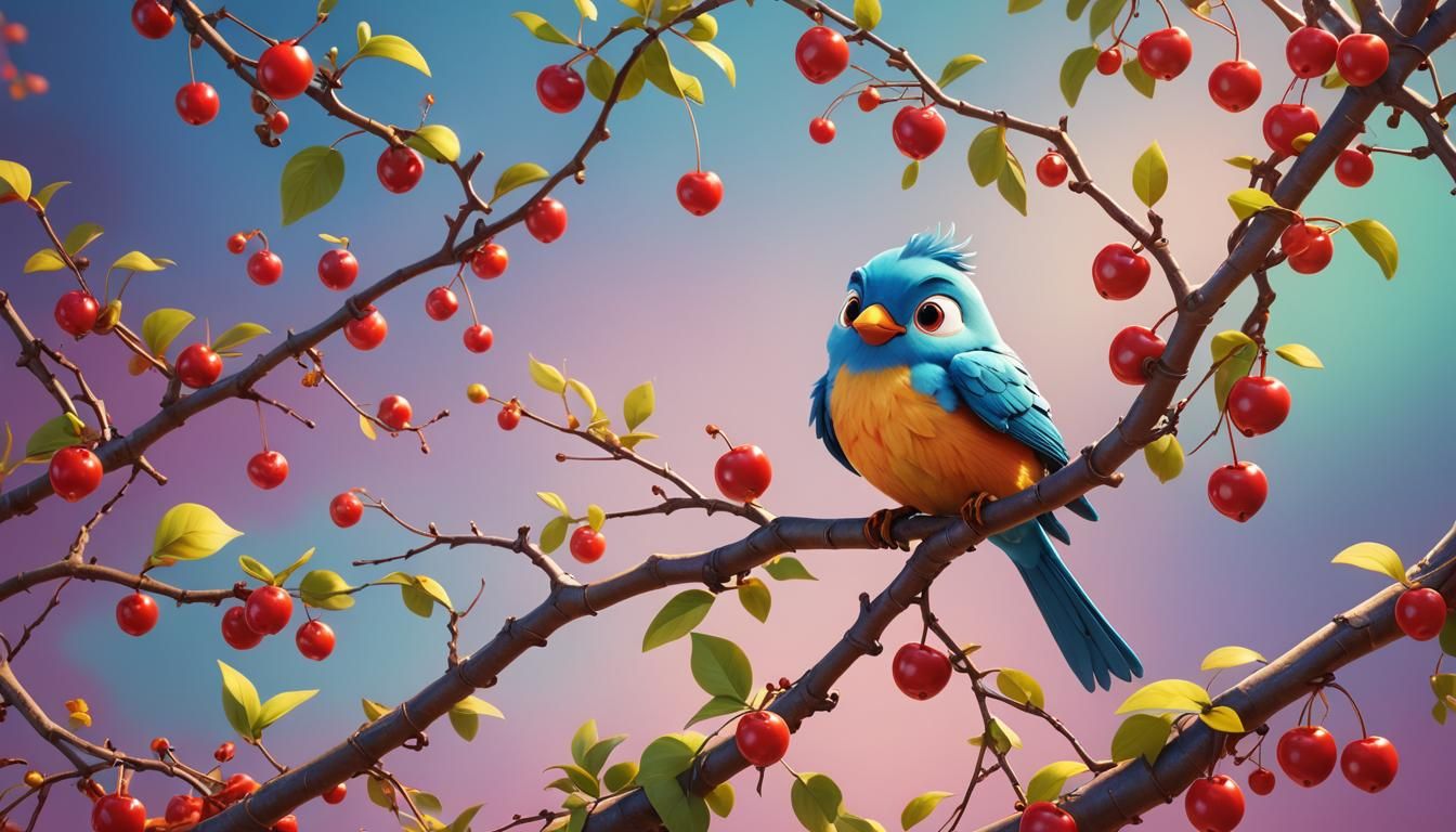 Colorful Cartoon Bird Eats Cherry: 3D Digital Art