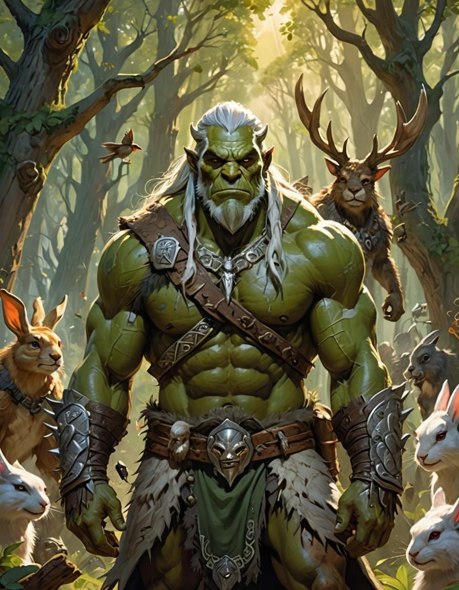 Orc Barbarian Relaxing with Forest Animals as Oil Painting
