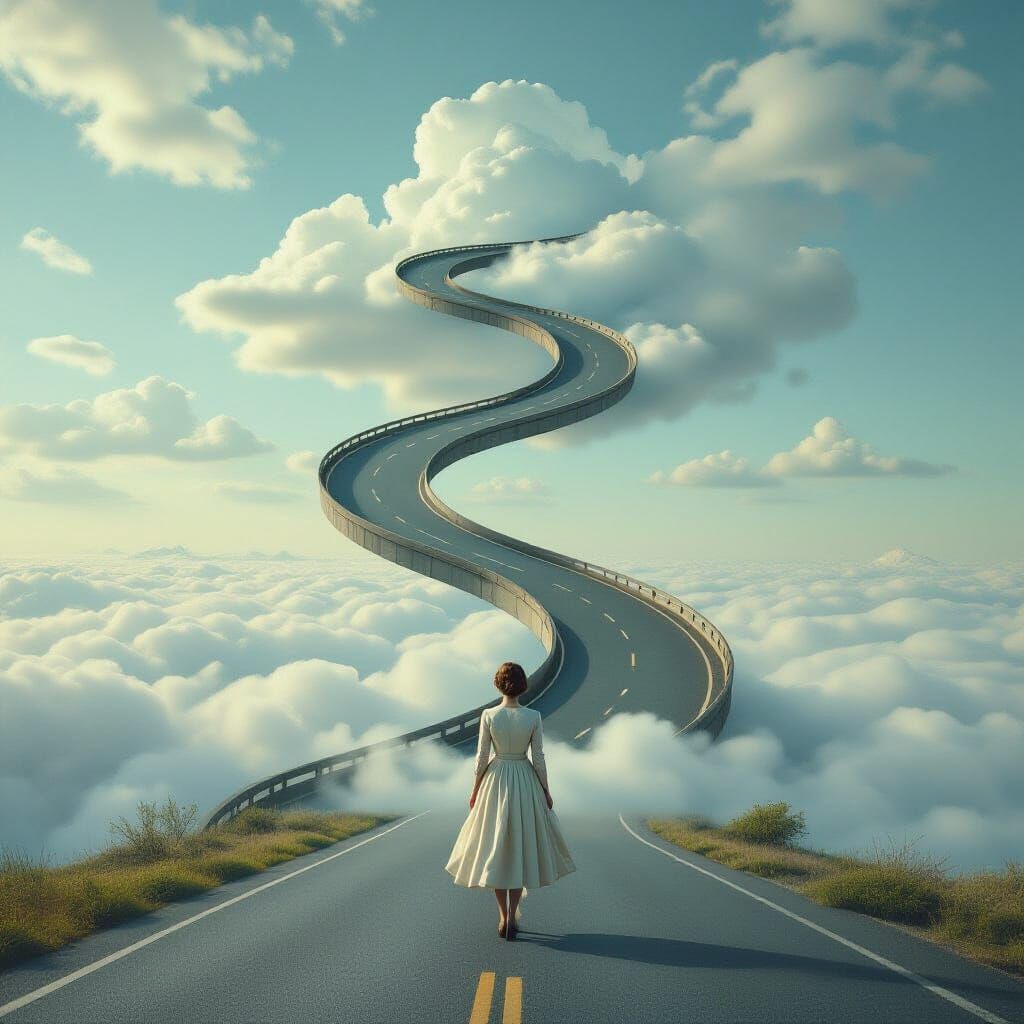 Surreal Dreamlike Scene with Floating Figure and Upward Road