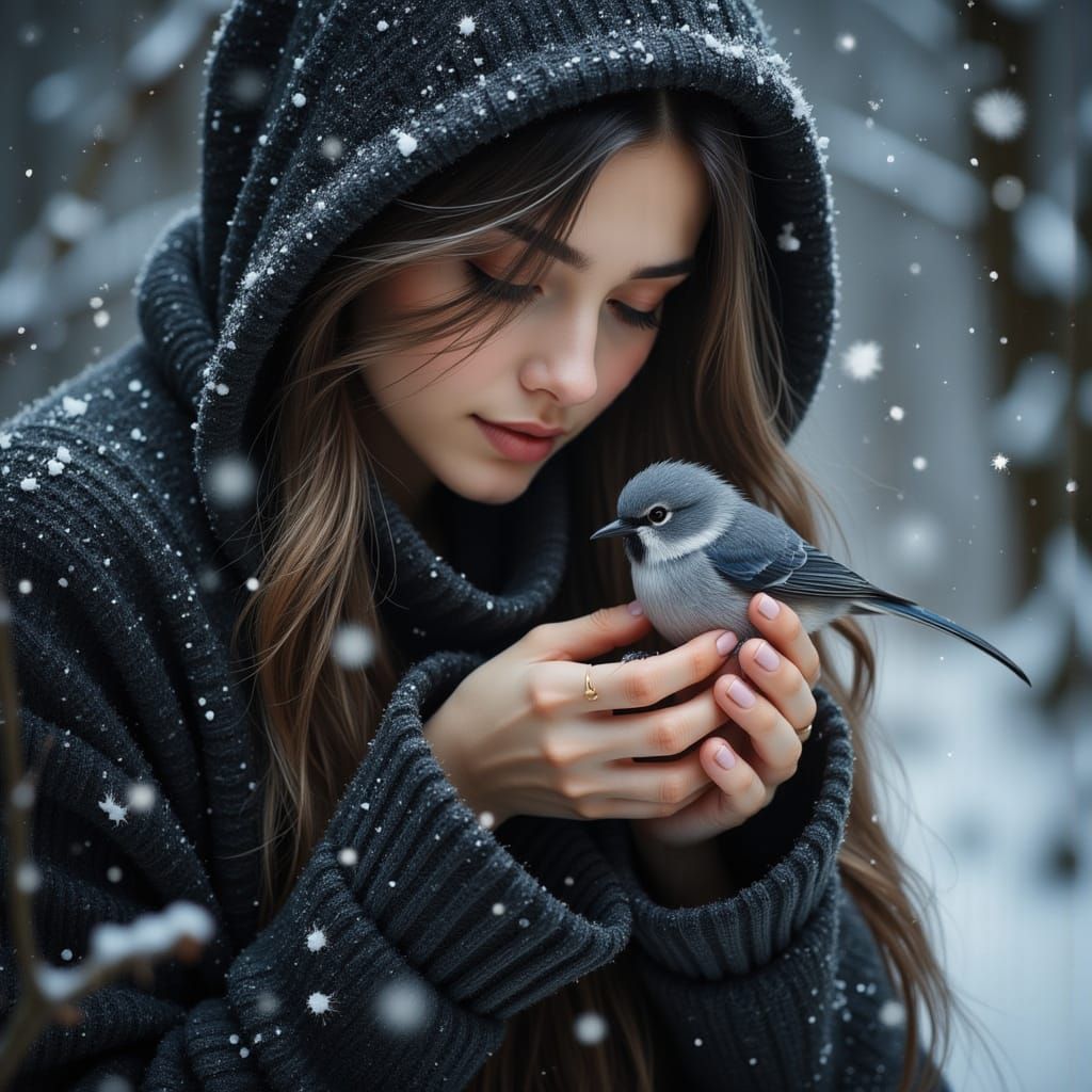 Winter Woman with Snowbird in Frozen Forest