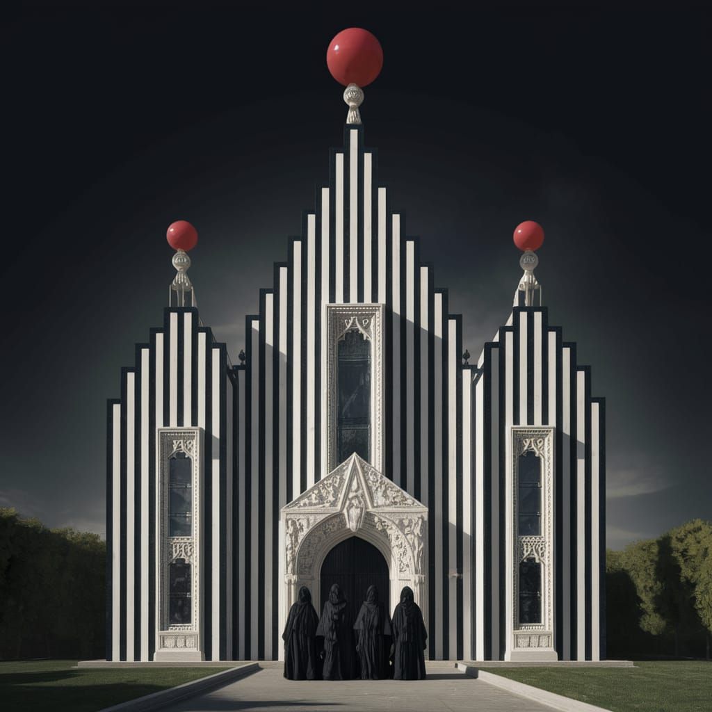 Geometric Art Deco Temple with Red Spheres and Cloaked Figur...