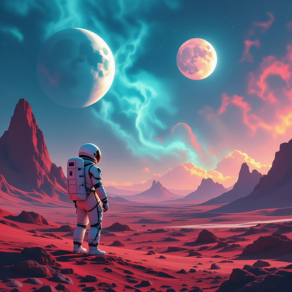 Astronaut on Crimson Planet Under Swirling Nebulae and Twin ...