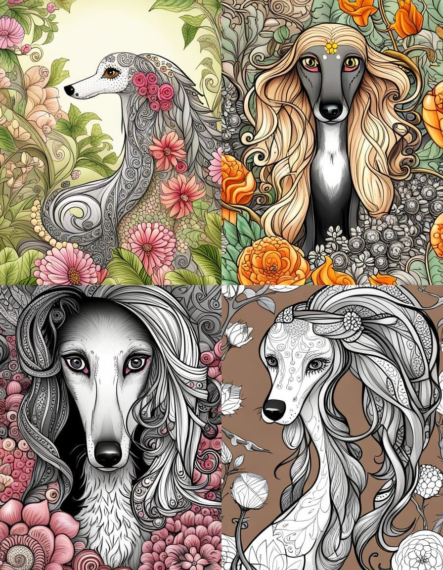 Botanical Dog Coloring Book Page in Manga Style