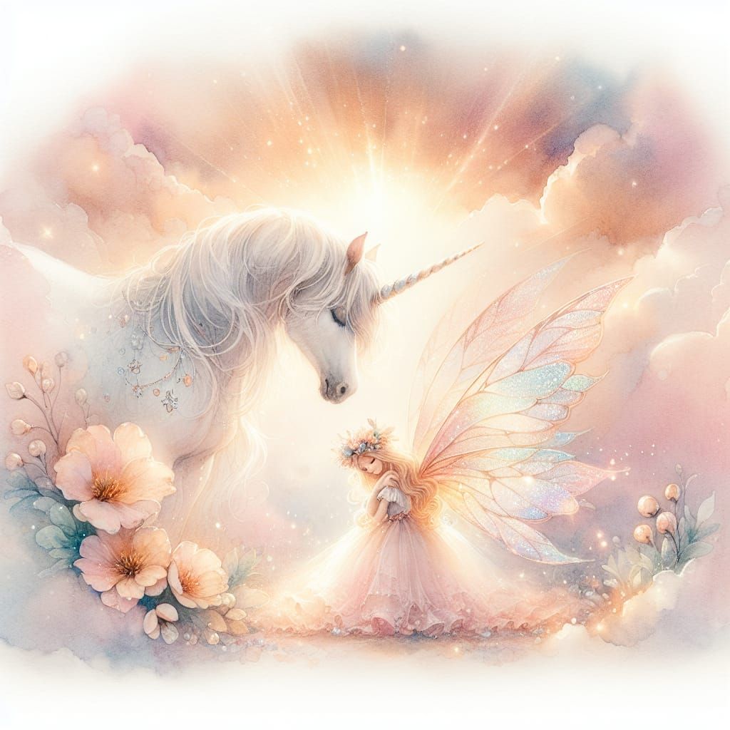 Unicorn and Fairy Princess Watercolor Illustration