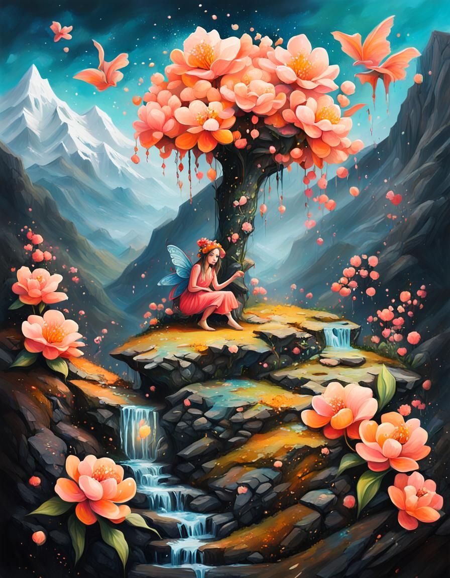 fairy with peach flowers in the mountains