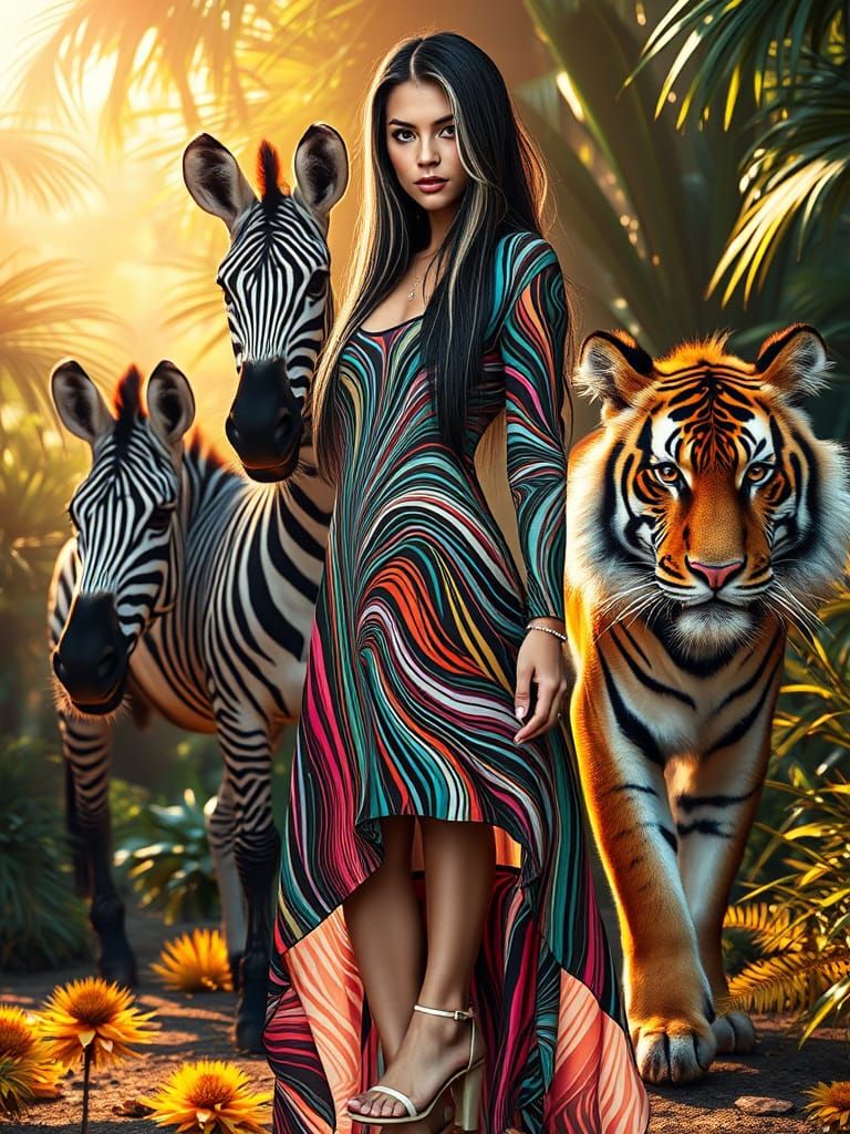 Elegant Woman Surrounded by Regal Striped Beasts in Vibrant ...