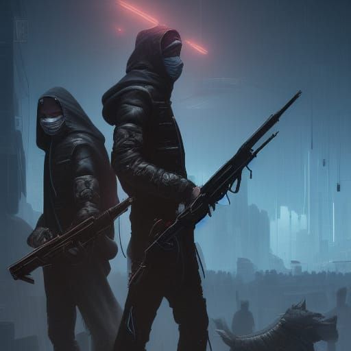 Cyberpunk Cultists with Weapons in Dark Fantasy Style