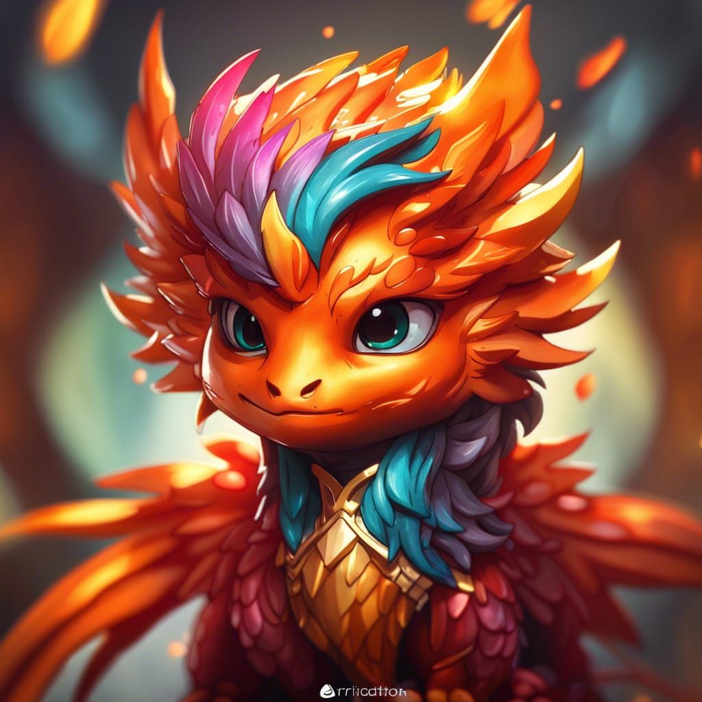 Chibi Phoenix Dragon Portrait in Hyperdetailed Style