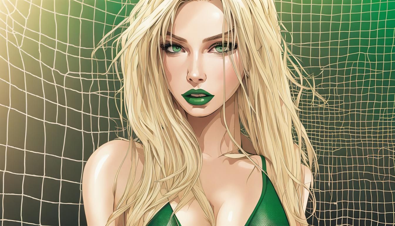 Blonde Woman in Fishnet Bikini with Long Legs