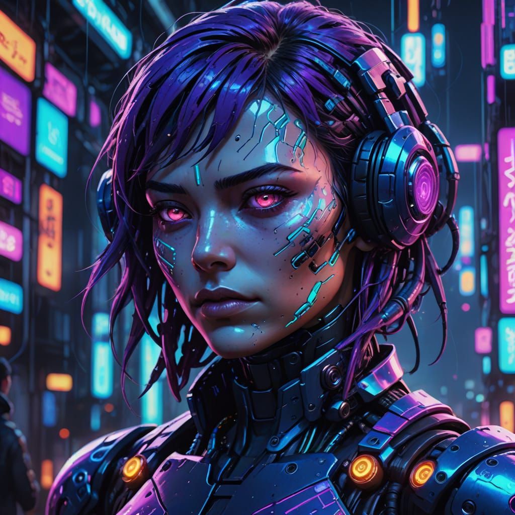 Cyborg in Cyberpunk Anime Style with Neon Lights