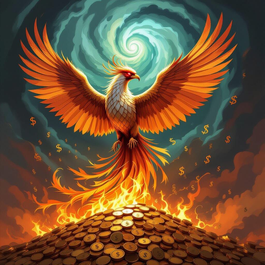 Phoenix of Banknotes Rises from Burning Gold