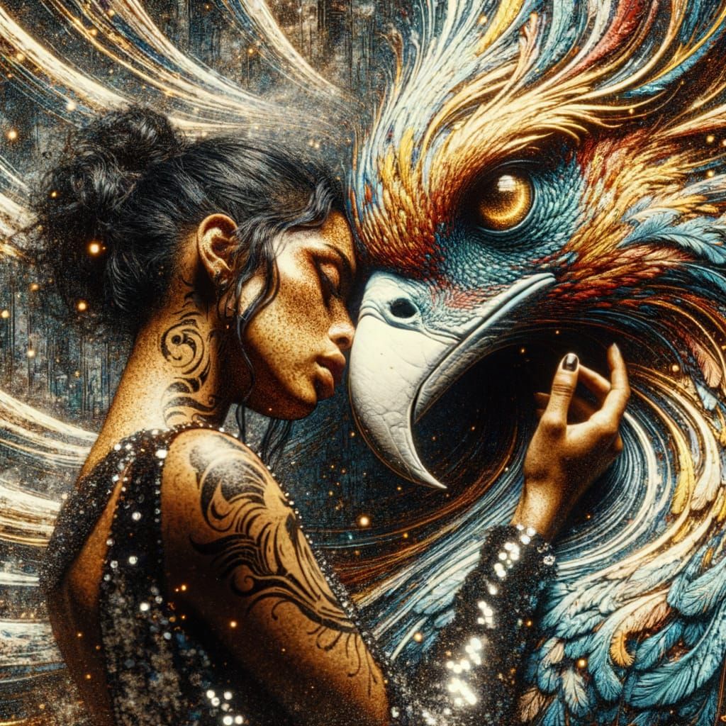 Woman and Phoenix in Impressionistic Film Noir Style