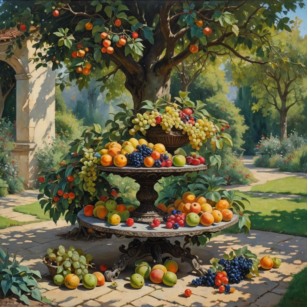 Fruit Basket in Autumn Garden: Oil Painting
