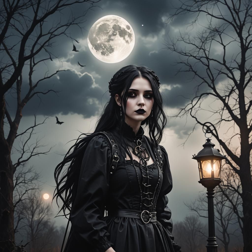 Sad Goth Girl Under Moonlight