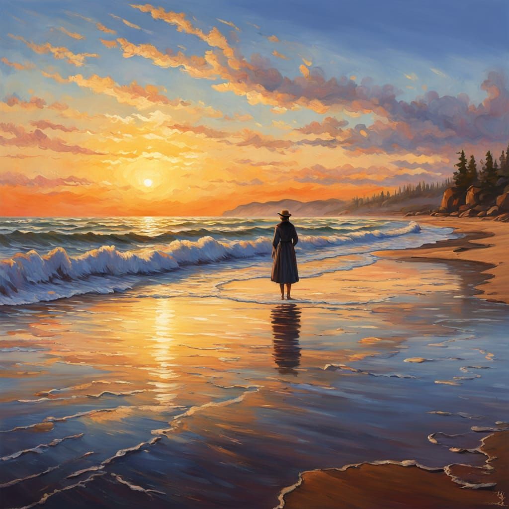 Impressionist Beach Scene at Sunset