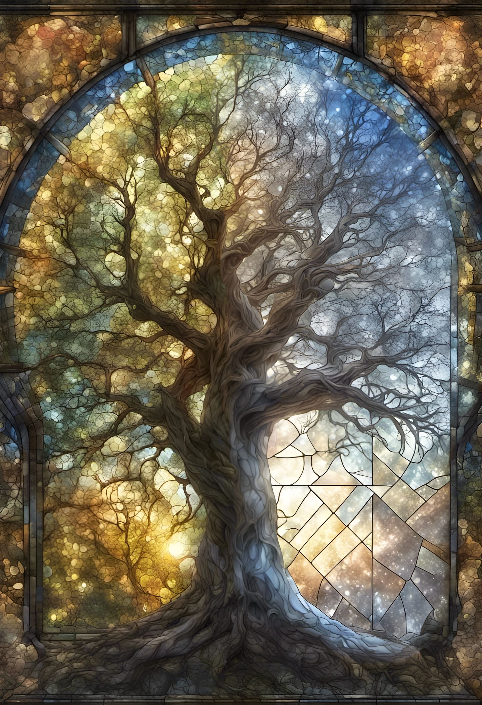 Winter Tree with Stained Glass Mosaic