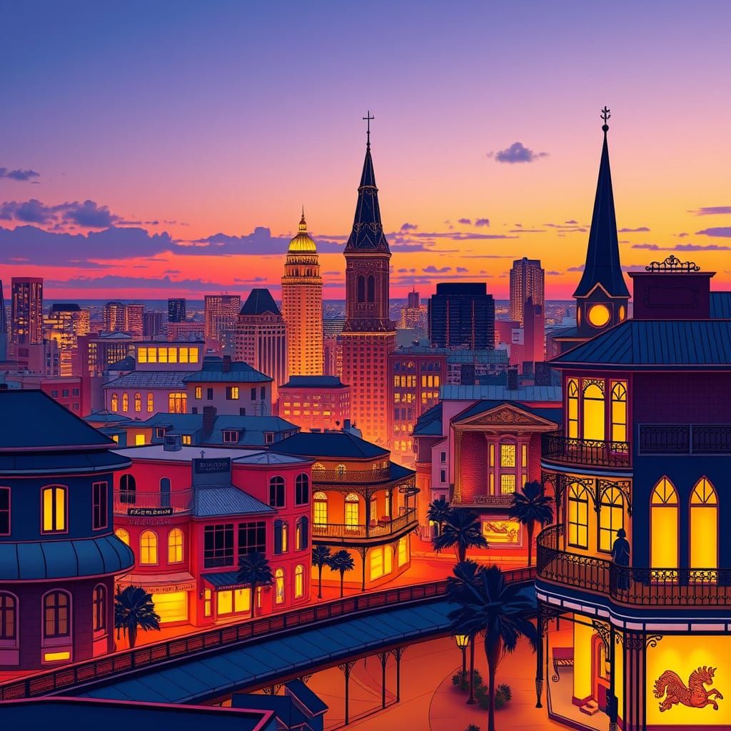 New Orleans Cityscape in Vibrant, Escher-Inspired Art